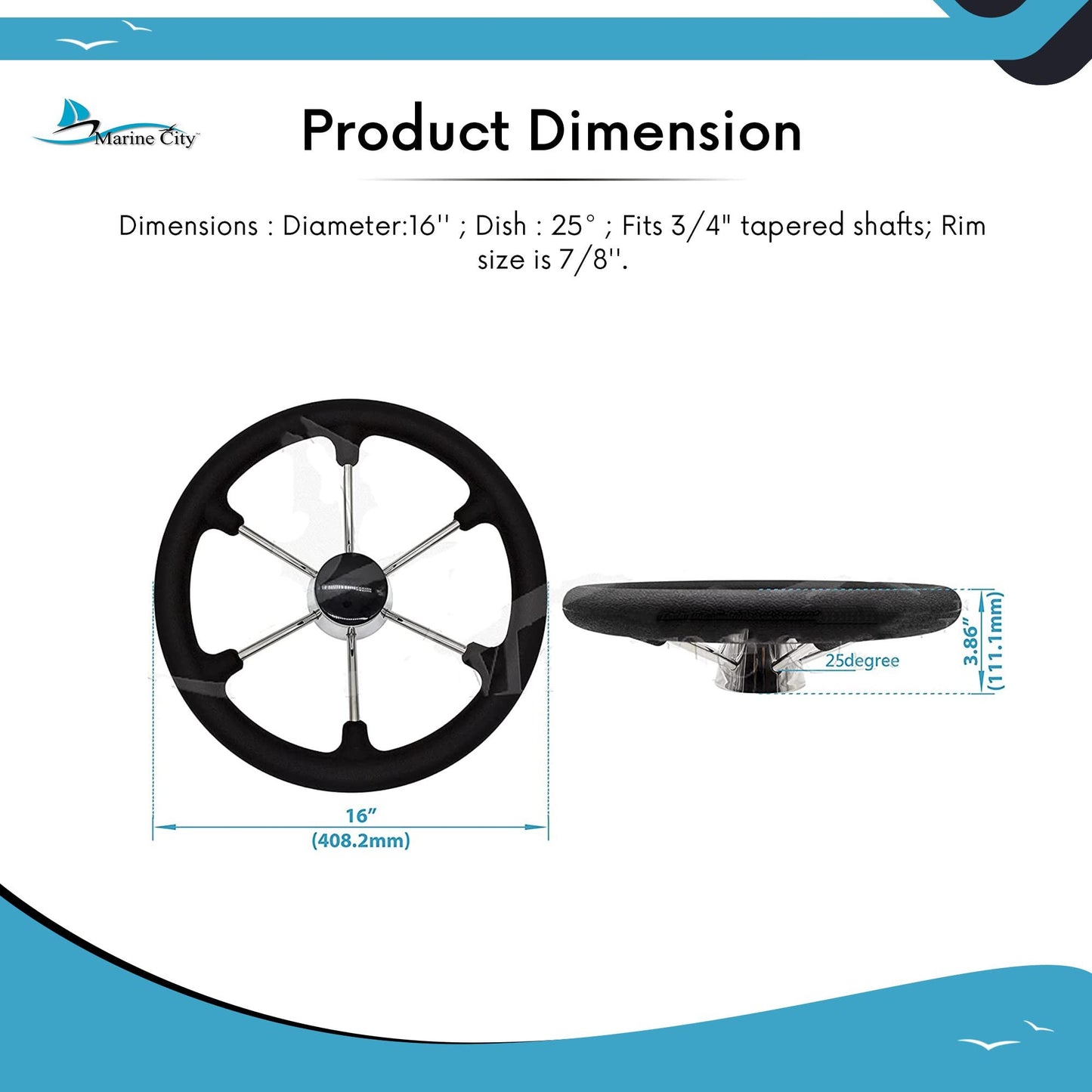 Marine City Volante marino de acero inoxidable de 16" con espuma de PU y tapa de PC negra