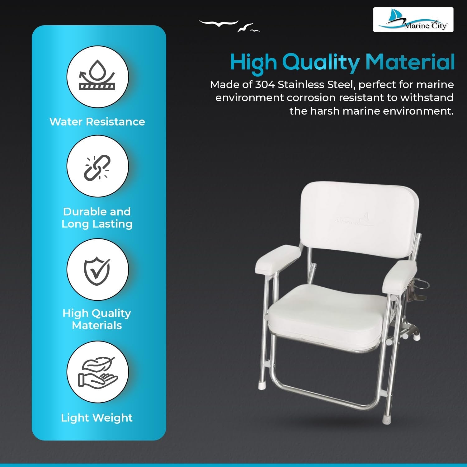 MARINE CITY Aluminum Folding Boat Deck Chair with Cushioned Foam Padding Marine City Hardware