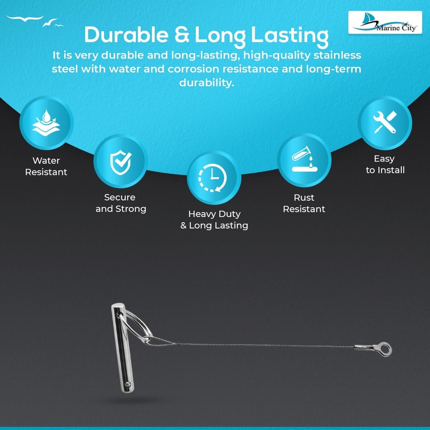 Marine City Bimini Top Quick Disconnect Pin with Cable Grip–304 Stainless Steel Marine City