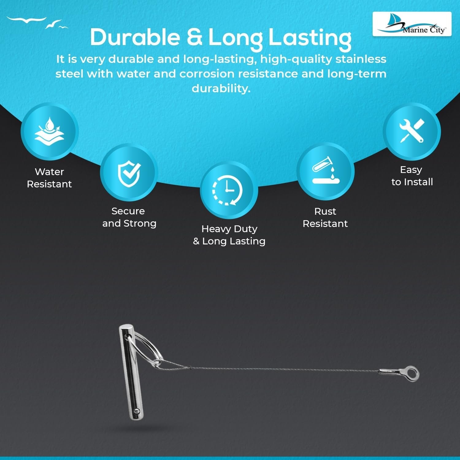 Marine City Bimini Top Quick Disconnect Pin with Cable Grip–304 Stainless Steel Marine City