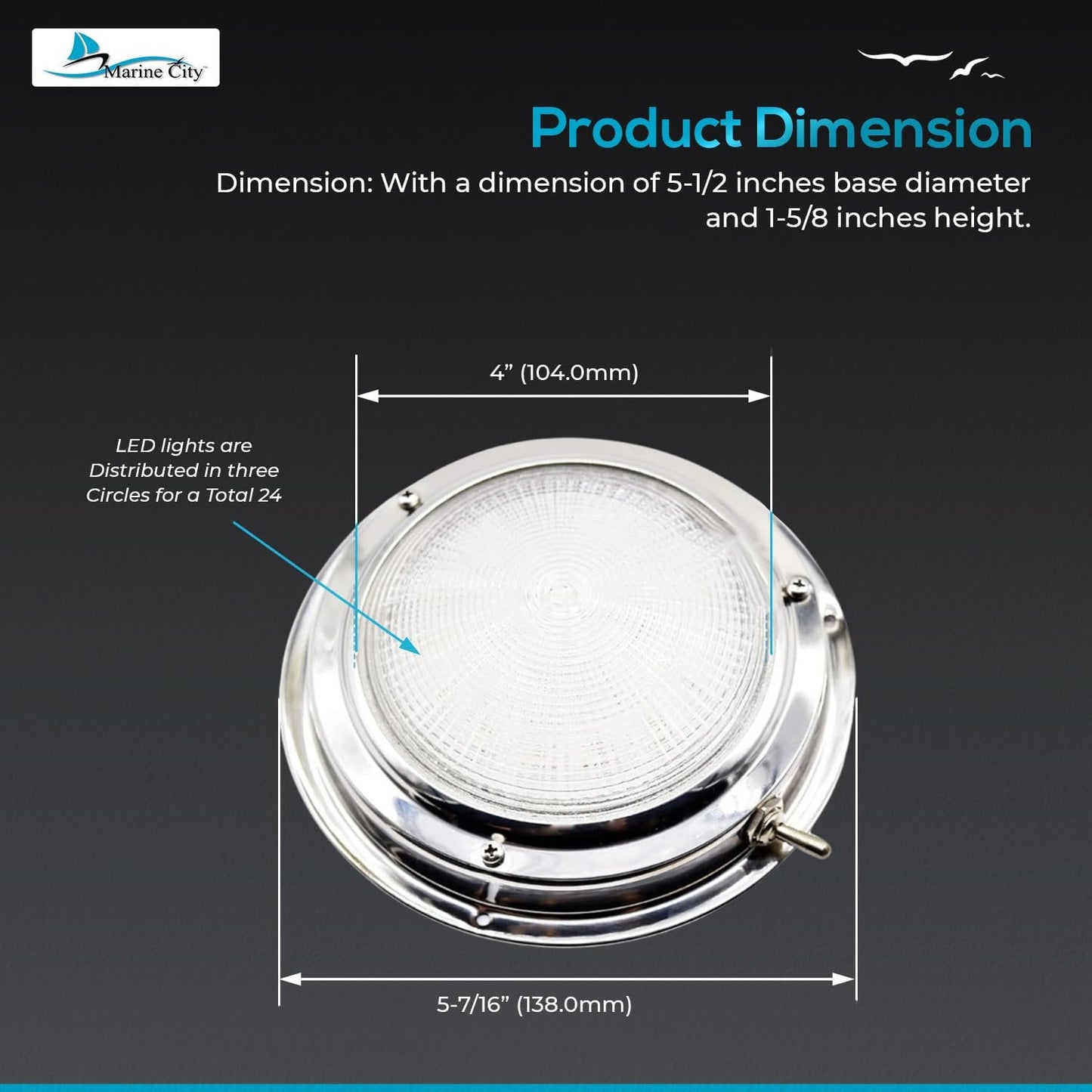 Marine City 304 Stainless Steel LED Dome Light – 4” Lens, 3W, Long Battery Life Marine City