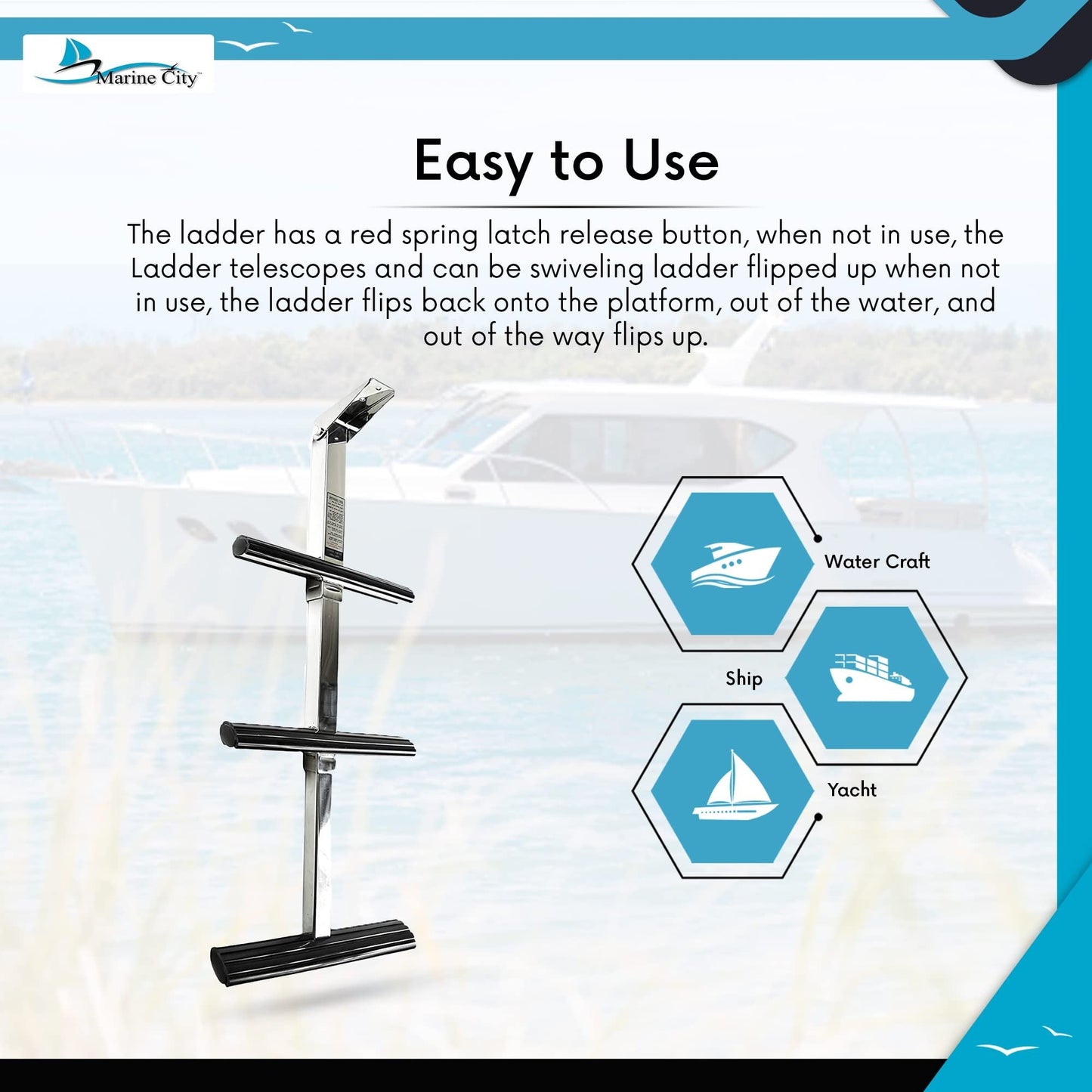 Marine City 3 Step Telescoping Ladder, Stainless Steel, Flip-Up, Anti-Slip Steps Marine City Hardware