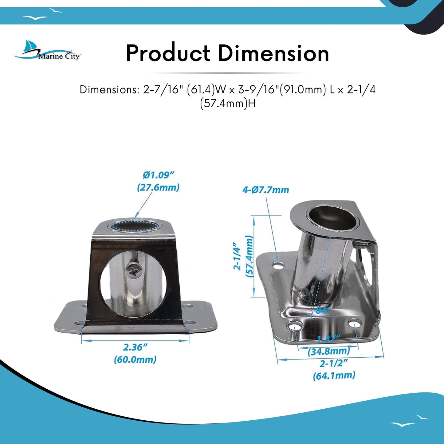 Bases de casquillo para puntal de yate Marine City, 90 grados, para tubo Ø 1"(25 mm)