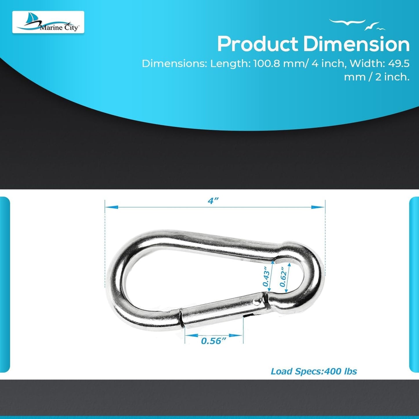 Marine City Carabiner Clip Snap Hook – Stainless Steel, 4", Durable (Pack of 2) MARINE CITY