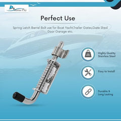 Marine City 5 Inches Spring Latch Barrel Bolt with Cradle – 304 Stainless Steel