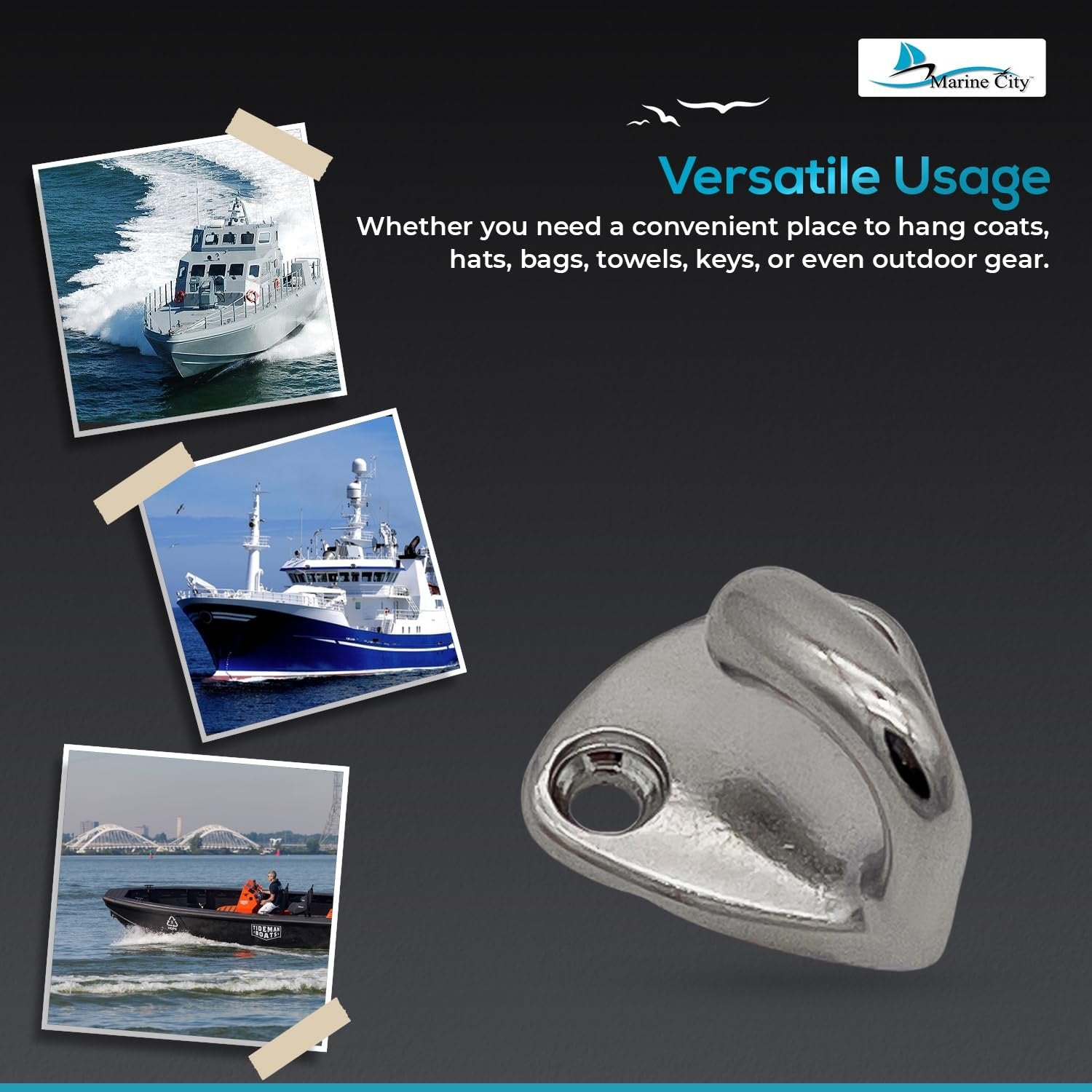 Marine City Triangle Wall Hook, Stainless Steel, 0.6” Corrosion-Resistant(4 Pcs) MARINE CITY