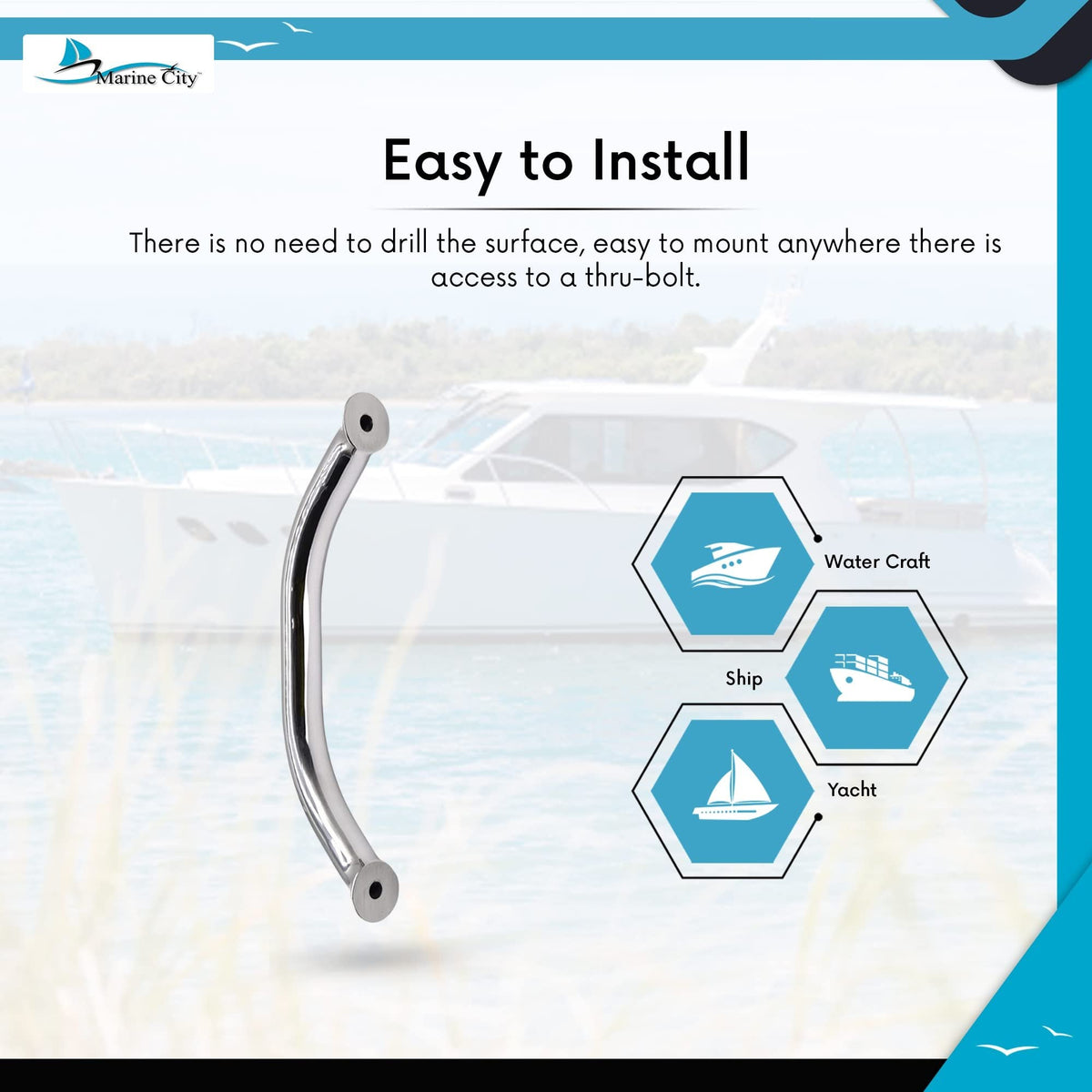 Marine City Handrail Grab Rail Handle, 9 Inch, 304 Stainless Steel, Oval Tube Marine City