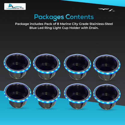 Marine City Stainless Steel Blue LED Ring Cup Holder with Center Drain (8 Pcs)