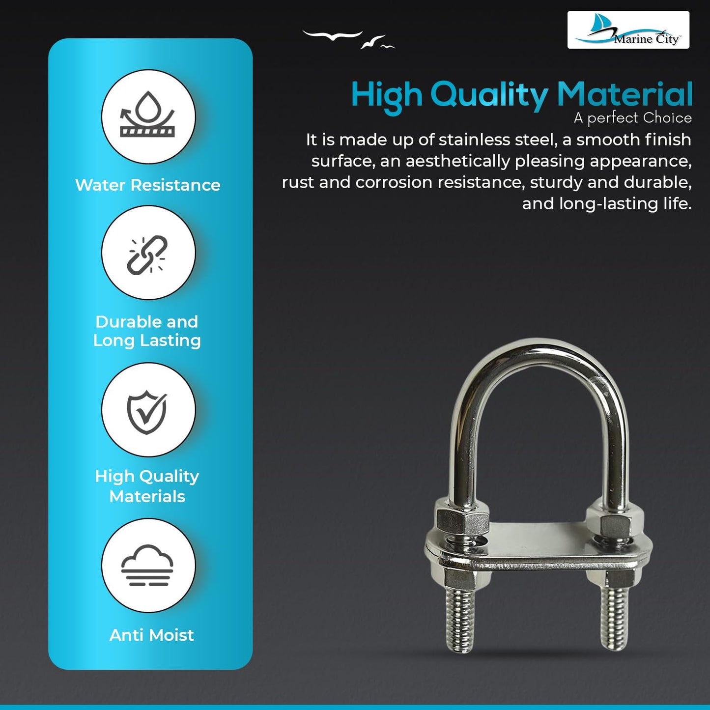 Marine City Bow Eye U-Bolt – 1/4” 304 Stainless Steel, 2-1/2” Length, Heavy Duty Marine City