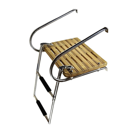 Marine City Stainless Steel 2-Step Swim Teak Platform Telescoping Boat Ladder MARINE CITY