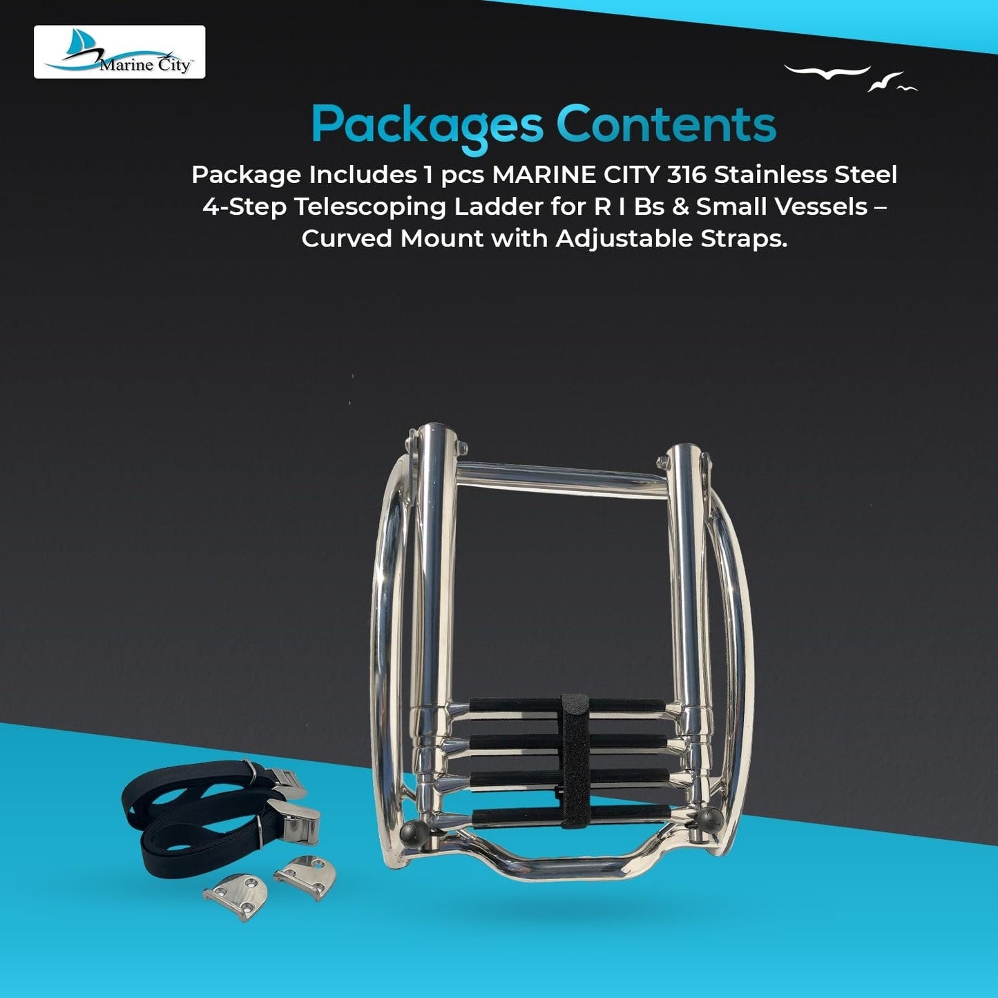 Marine City 4-Step Telescoping Boat Ladder – 316 Stainless Steel, Curved R10” MARINE CITY