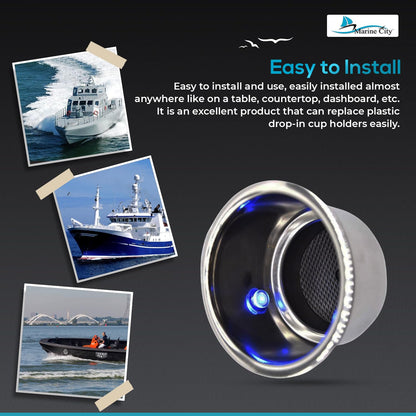 Marine City Portavasos de acero inoxidable con 3 LED azules, 12 V, 1 W, con drenaje (2 unidades)