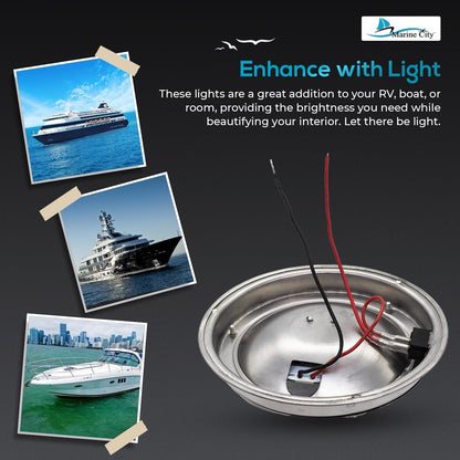 Marine City 304 Stainless Steel LED Dome Light 4” Lens, 12V, 3W, Water-Resistant Marine City