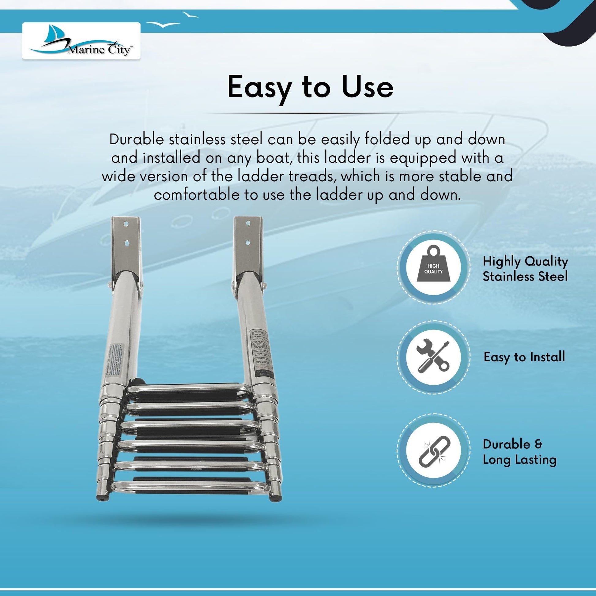 MARINE CITY 6-Step Telescoping Swim Ladder – 304 Stainless Steel, Wide Pedals MARINE CITY