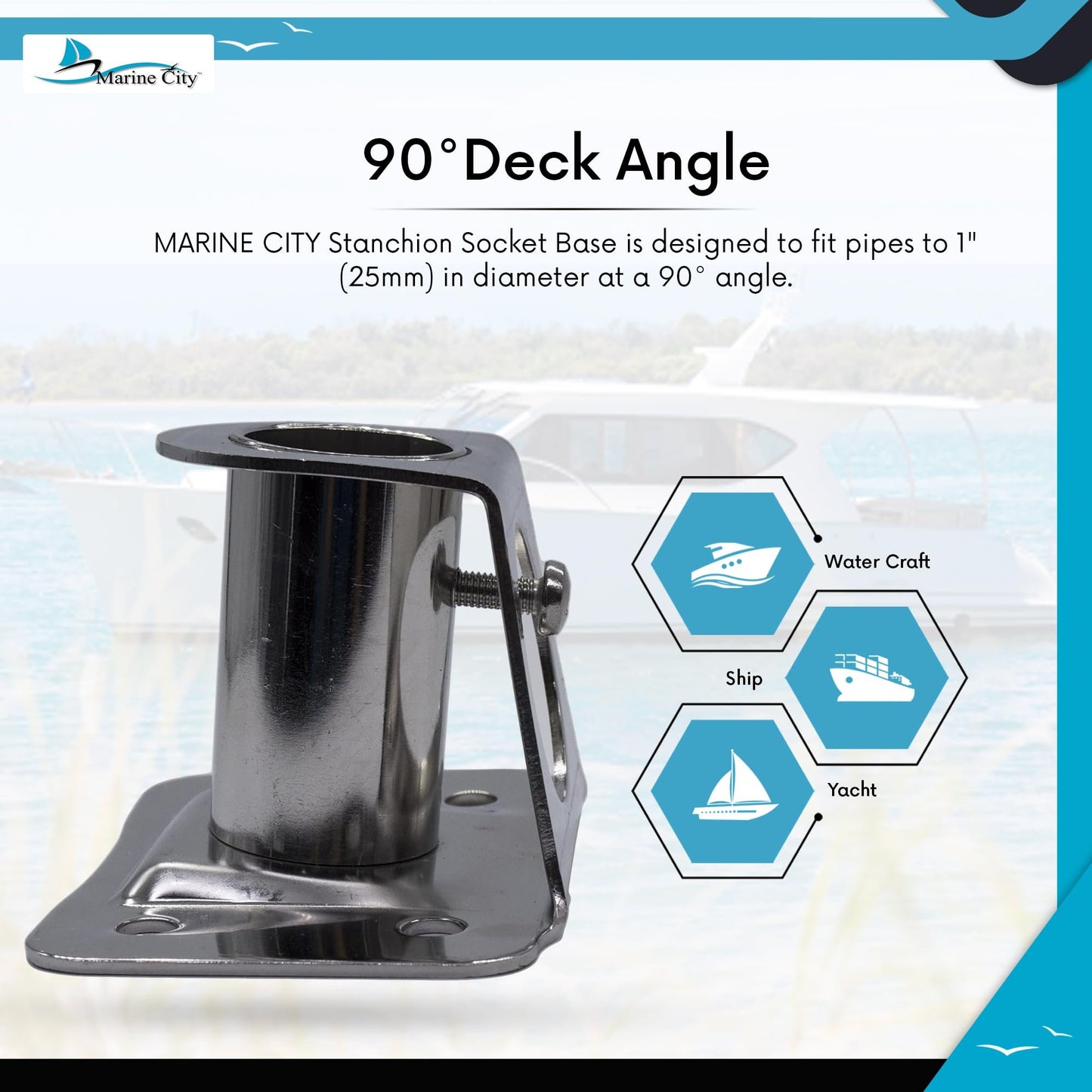 Bases de enchufe para puntal de yate Marine City, 84 grados, para tubo de Ø 1"(25 mm)-6°, ángulo de cubierta inclinado