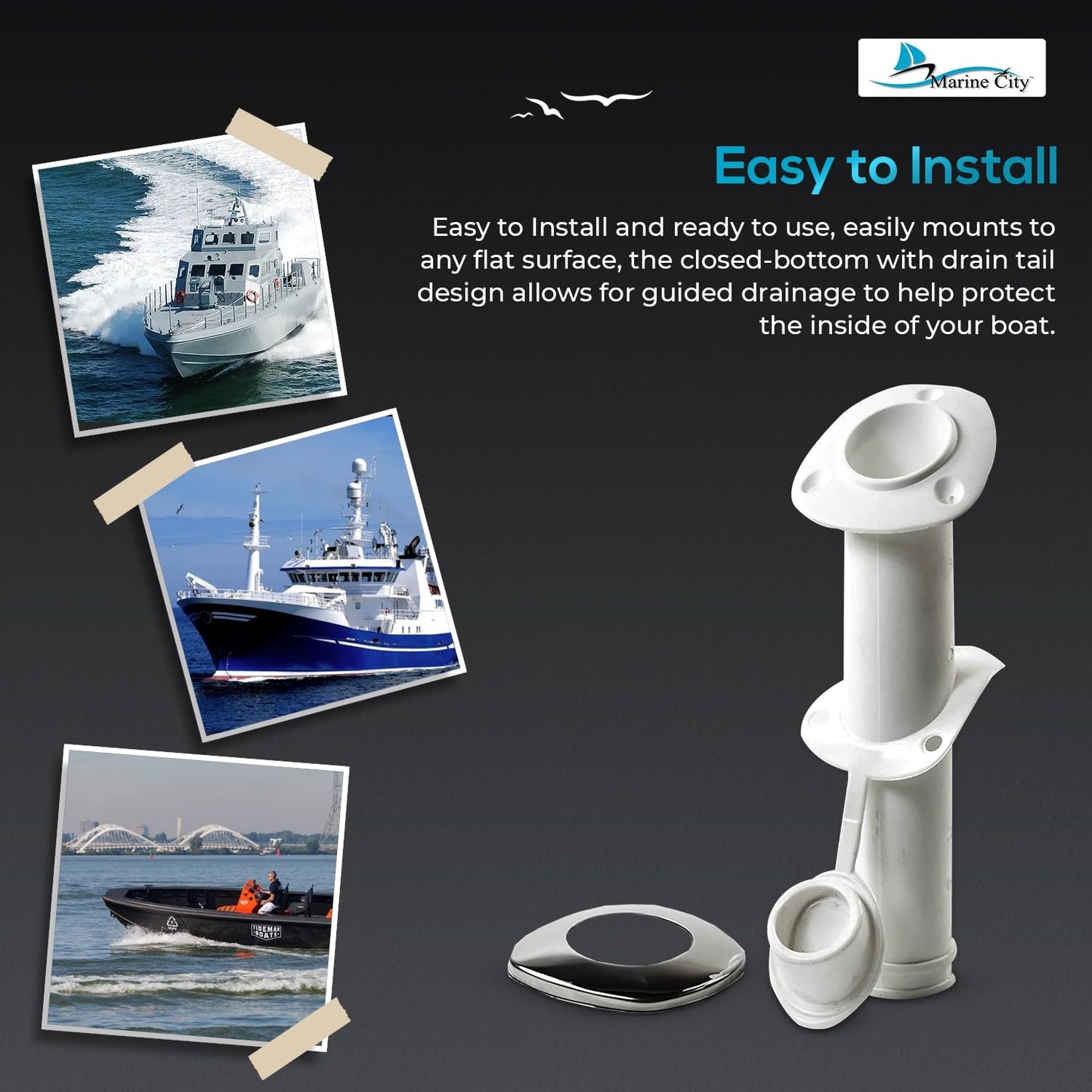 MARINE CITY White Nylon Flush Mount Rod Holder – UV Stabilized 30° with Cap