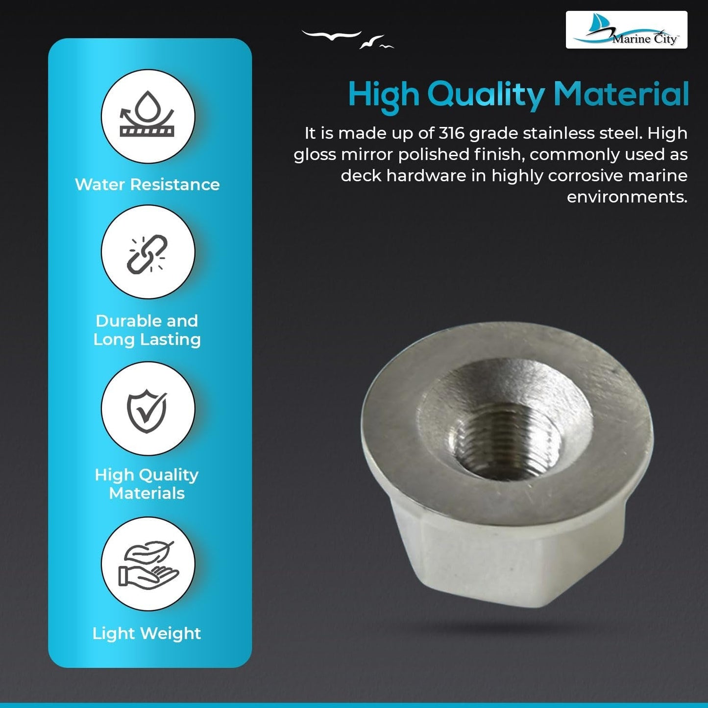 MARINE CITY Steering Wheel Mounting Nut – 316 Stainless Steel, 18-5/8” Thread Marine City Hardware