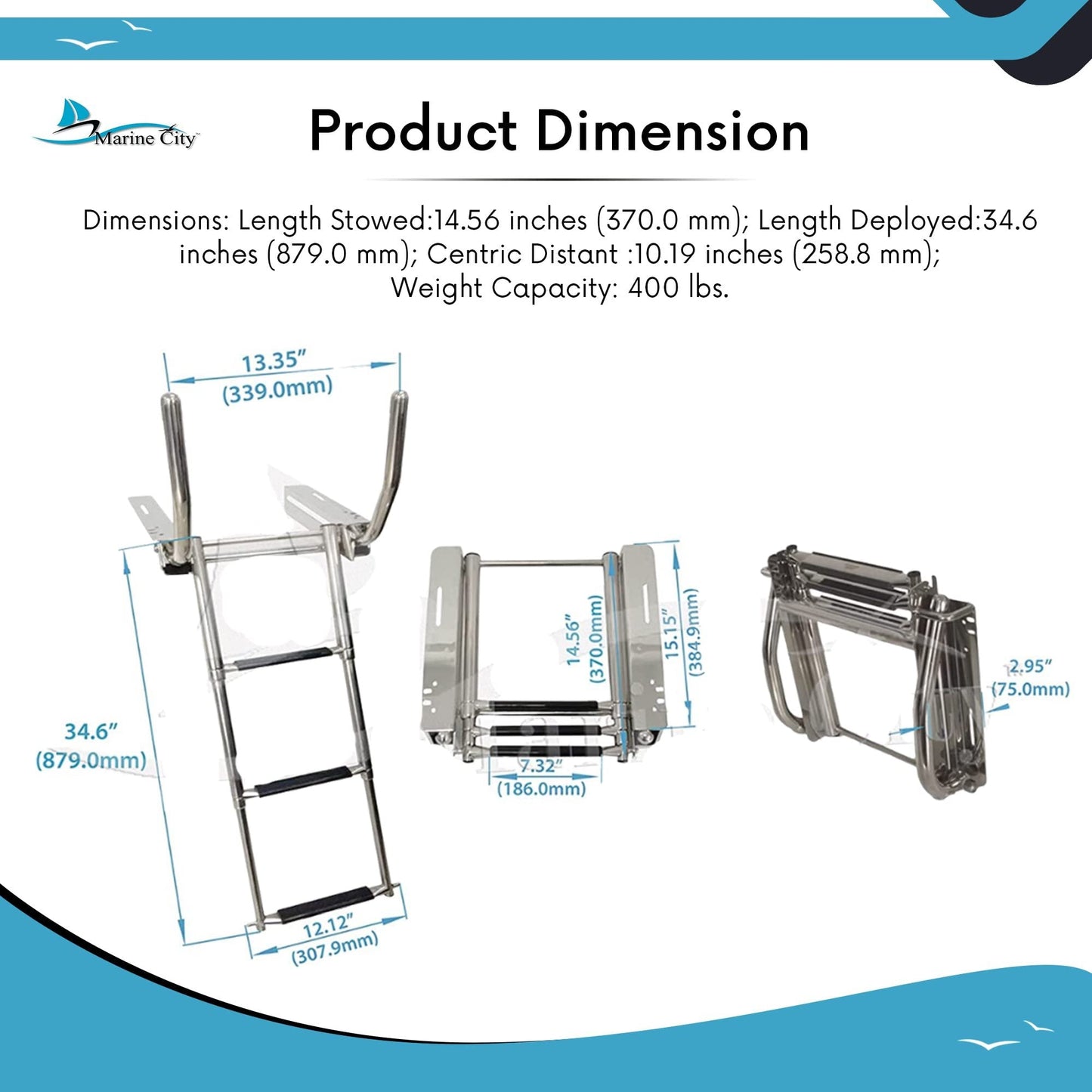 Marine City 3-Step Telescoping Stainless Steel Ladder with Retractable Handrail Marine City