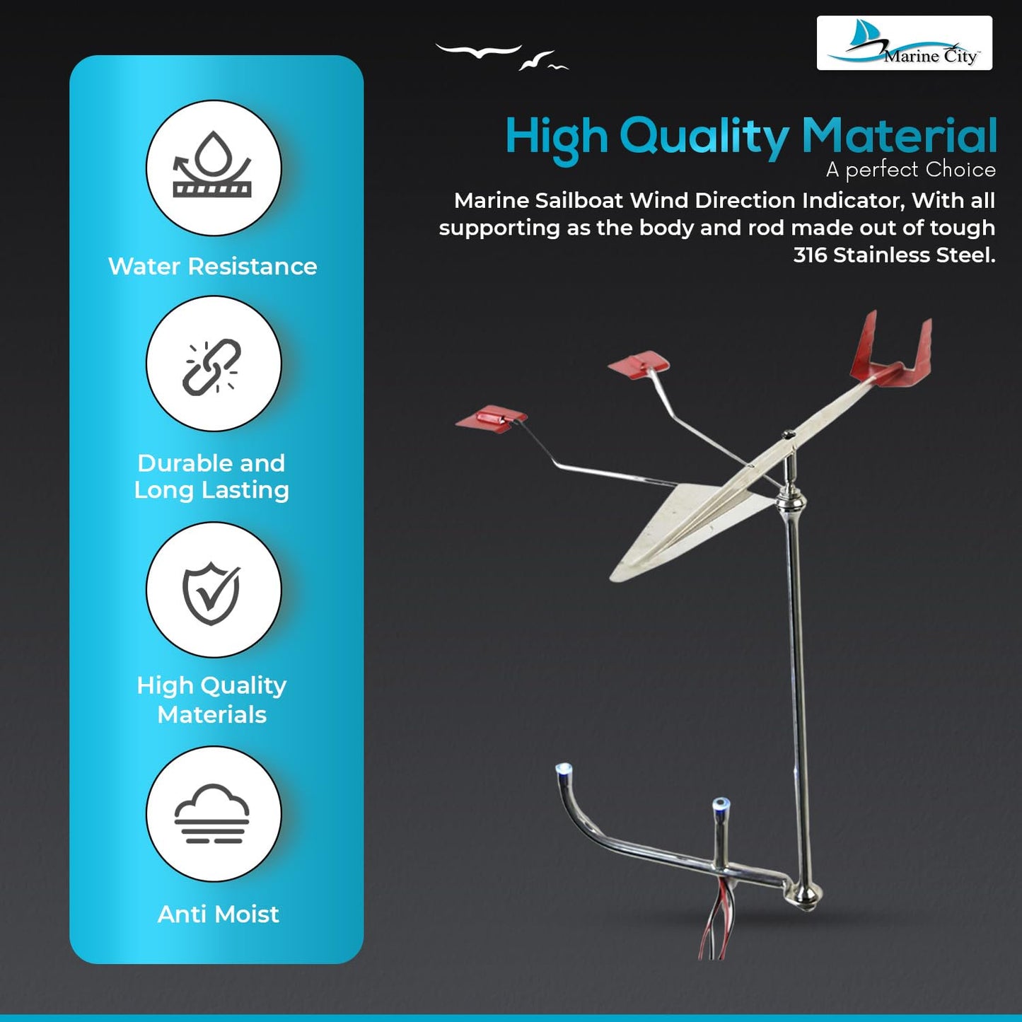 Marine City 316 Indicador de dirección del viento de mástil de velero marino de acero inoxidable 14-1/2" Ambos con luz LED de acero inoxidable para indicador de dirección del viento (MC79751016+MC29931011)