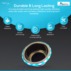 Marine City Stainless Steel 12V Blue LED Ring Cup Holder with Center Drain