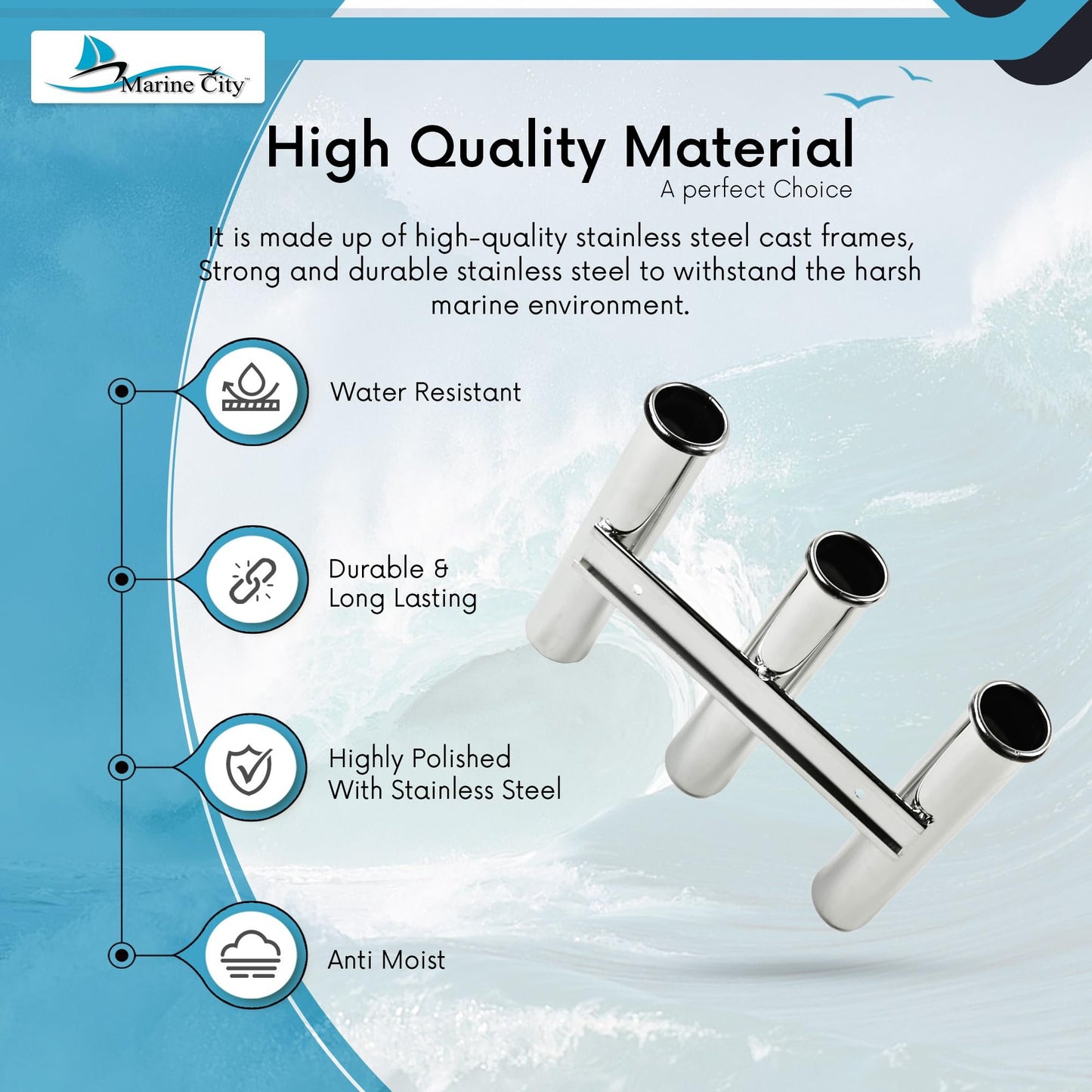 Marine City 3-Link Fishing Tube Rod Holder Rack – Stainless Steel for Boats