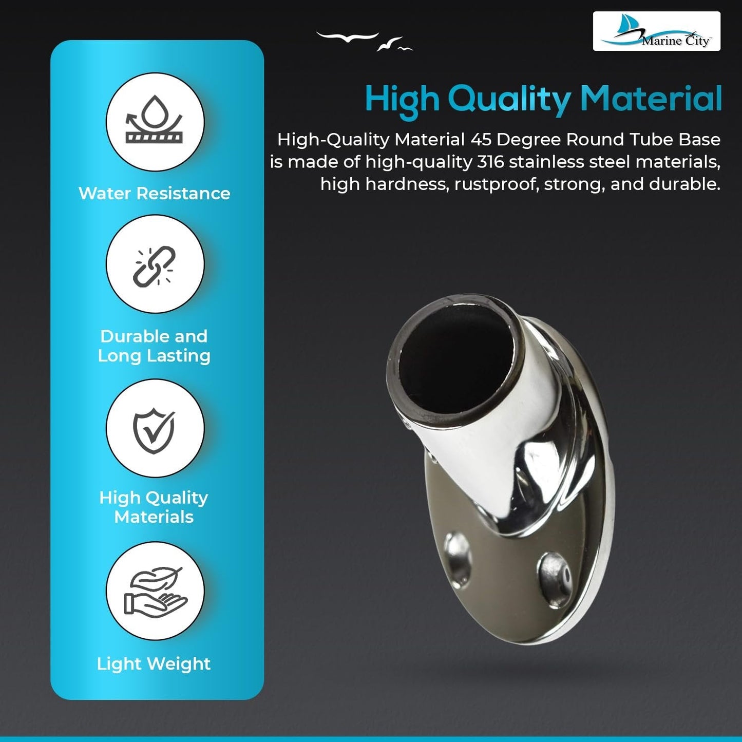Marine City 45° Casting Boat Hand Railing Round Base – 316 Stainless Steel Marine City