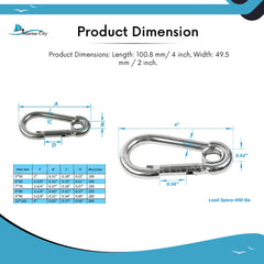Marine City 316 Stainless-Steel 4” Carabiners/Clip Snap Hook with Ring for Sailing, Fishing, Hiking