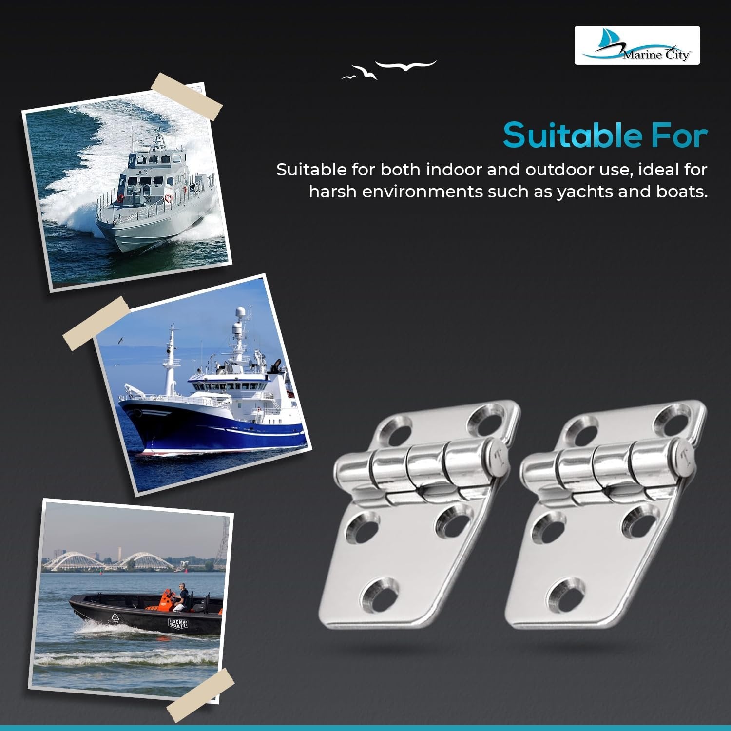 Marine City Stainless Steel 5-Point Fixing Short Sided Strap Hinges with Cover Cap Marine CIty