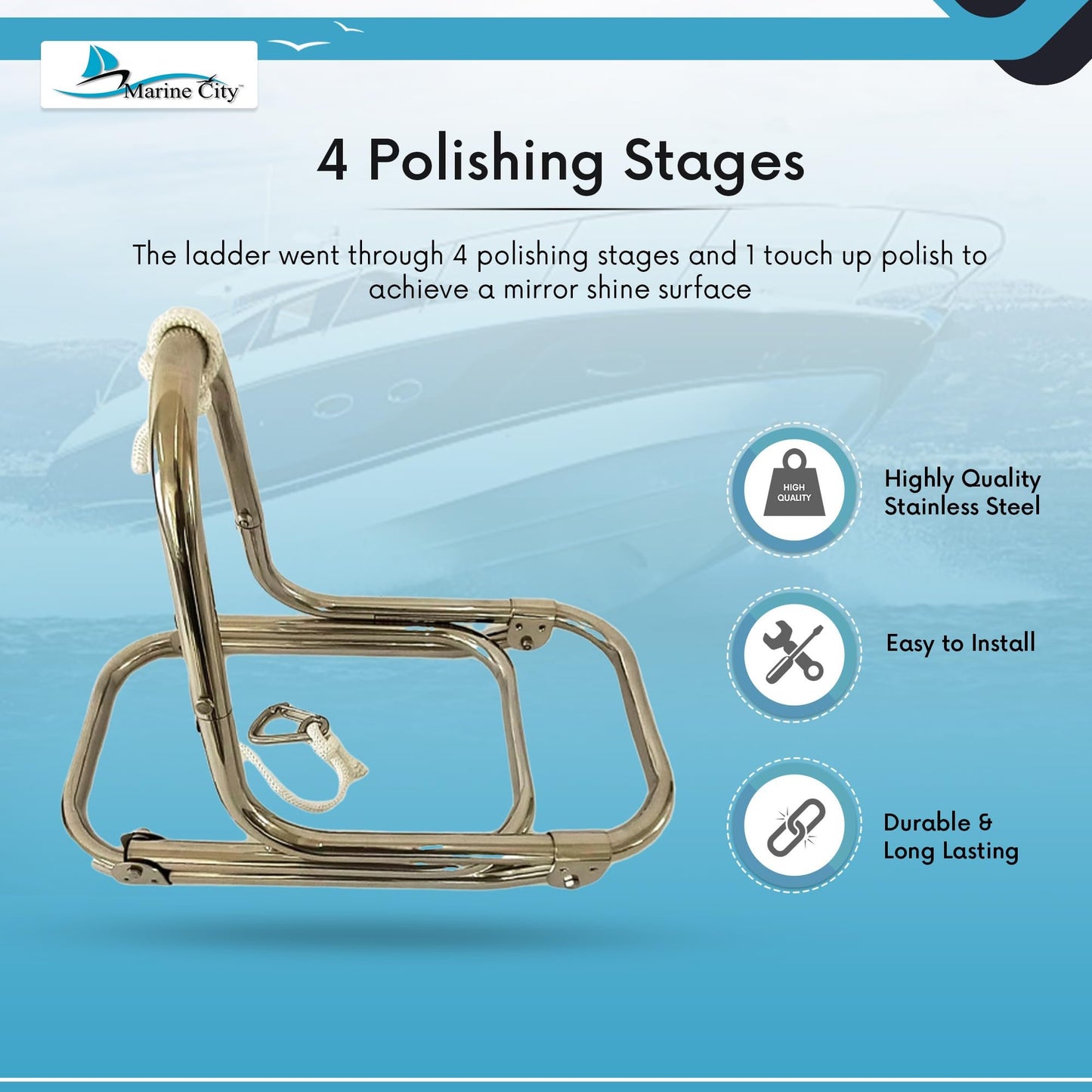 MARINE CITY Escalera plegable de 3 escalones de acero inoxidable de grado 304 con cuerda para marines – Barcos – Yates – Accesorios (paquete de 1)