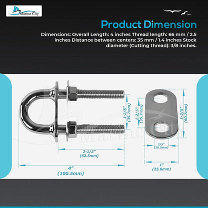 Marine City Fixed Welding Plate Bow Eye Tie Down U-Bolt – 304 Stainless Steel Marine City Hardware