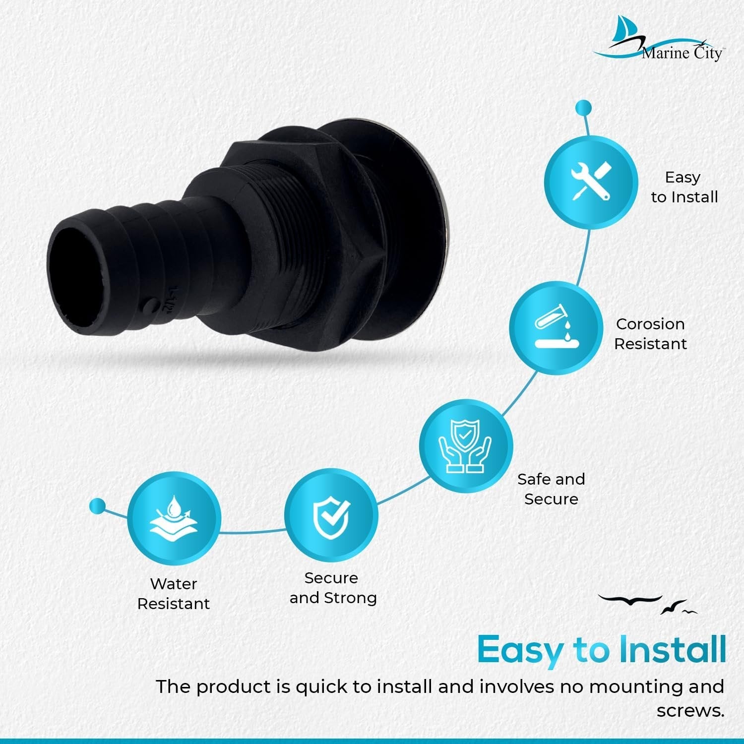 Marine City 3.25” Nylon Thru-Hull Fitting, Stainless Steel Trim & Rubber Flapper MARINE CITY
