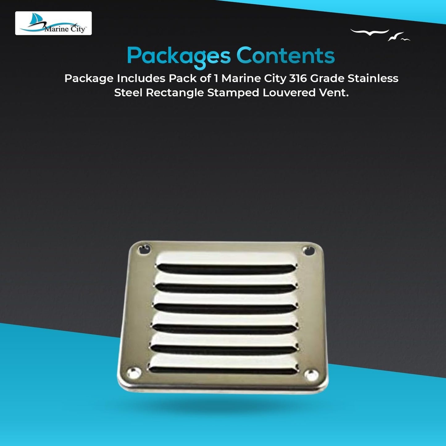 MARINE CITY Rectangle Stamped Louvered Vent – 316 Stainless Steel, 4-13/16” × 5” MARINE CITY