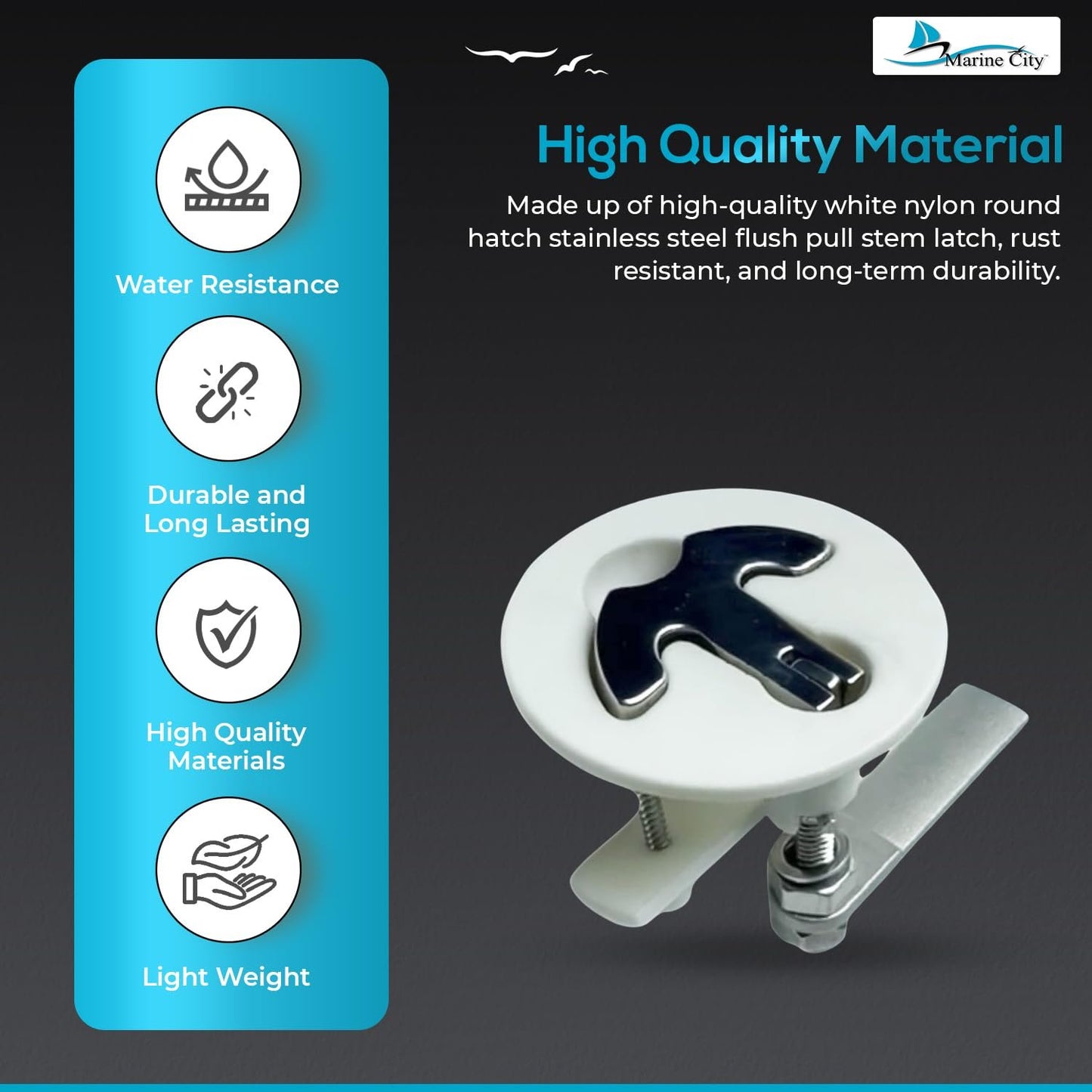 Marine City Nylon White Round Hatch Flush Pull Stem Latch – 316 Stainless Steel