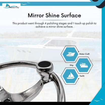 MARINE CITY 3-Spoke Steering Wheel with Knob – 13-1/2” 316 Stainless Steel