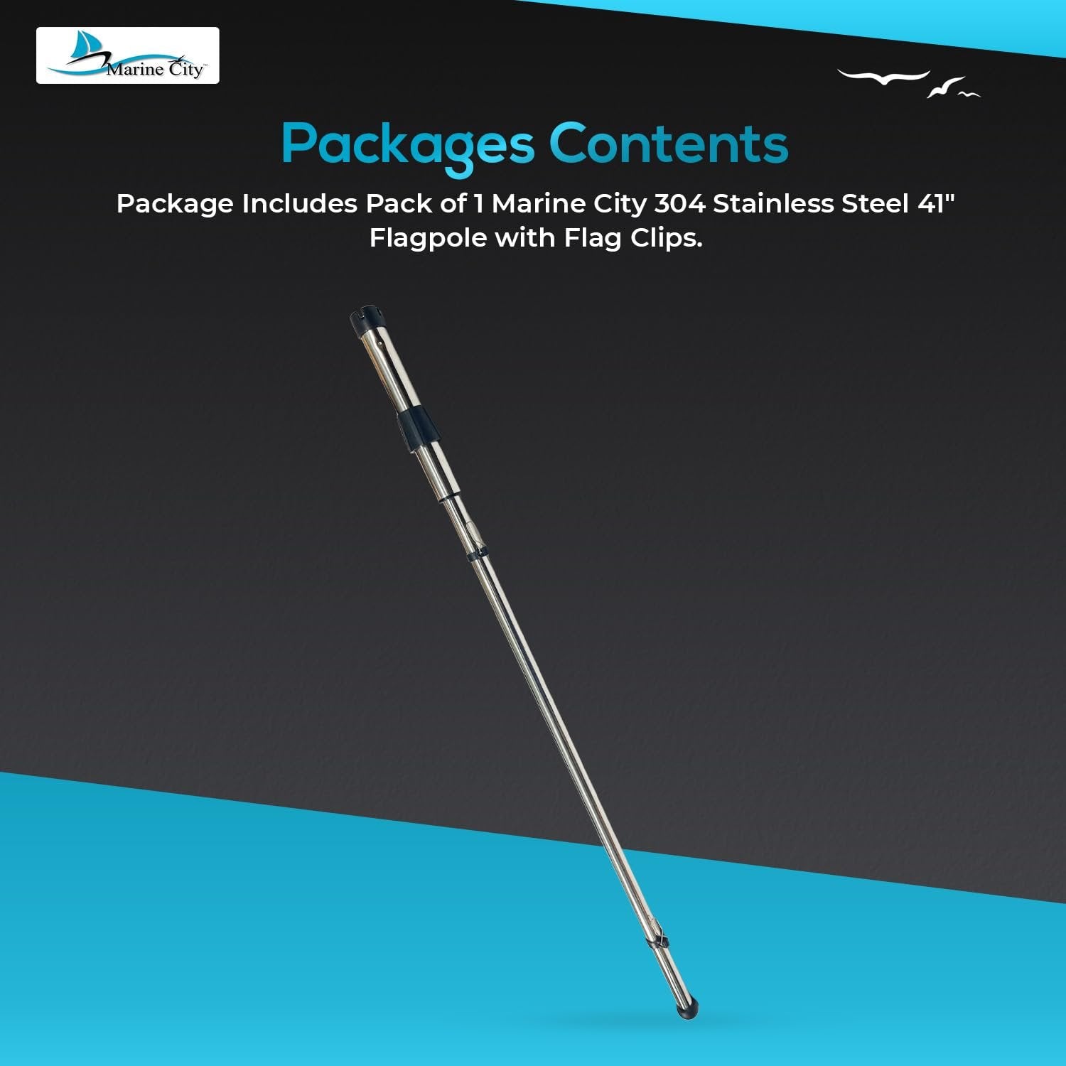 Marine City 304 Stainless Steel 41” Flagpole with Clips – 1.25” Base Diameter MARINE CITY