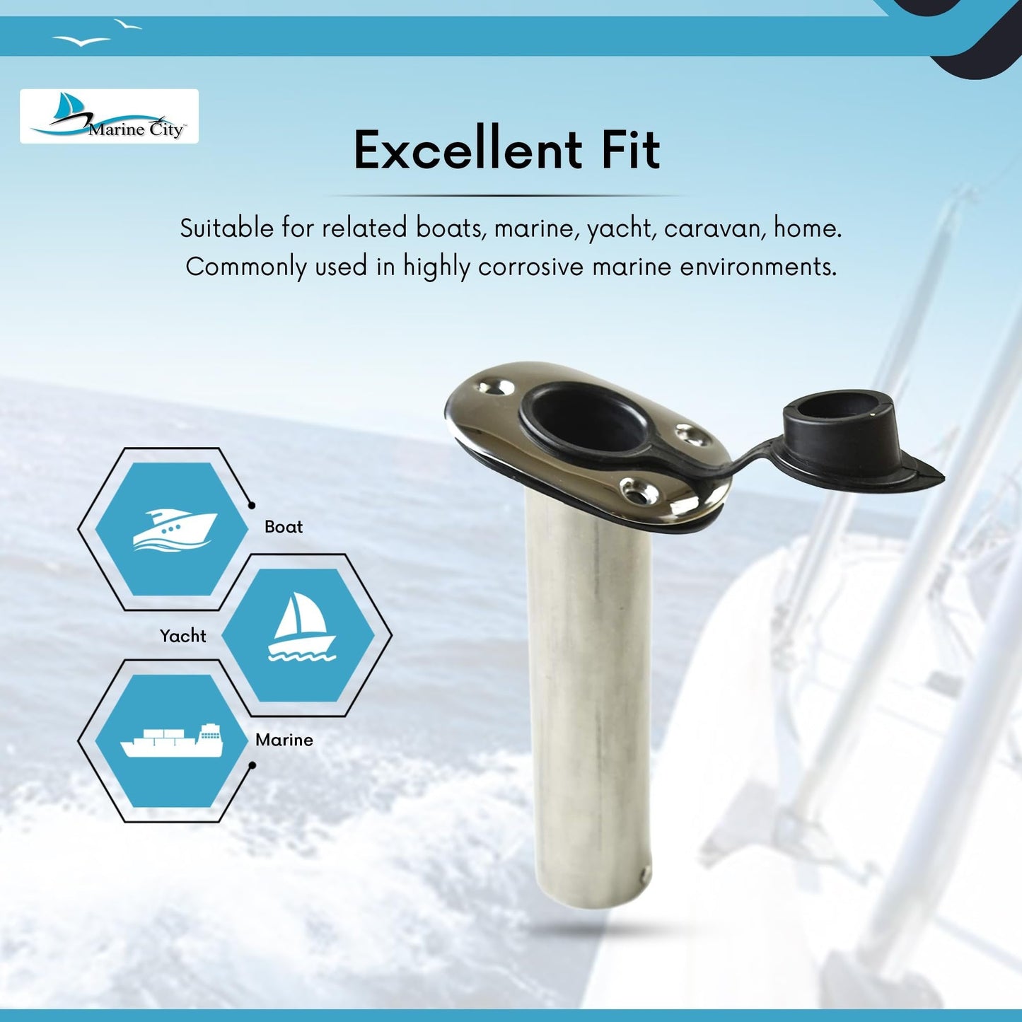 MARINE CITY Stainless Steel Flush Mount Rod Holder – 15° Angle with PVC Liner Marine City