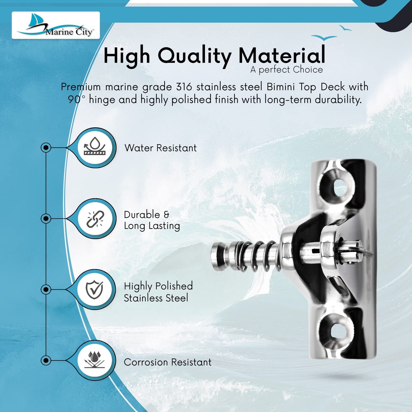 MARINE CITY 316 Stainless Steel Bimini Top Deck Hinge 90° Concave Base (1 Pcs)