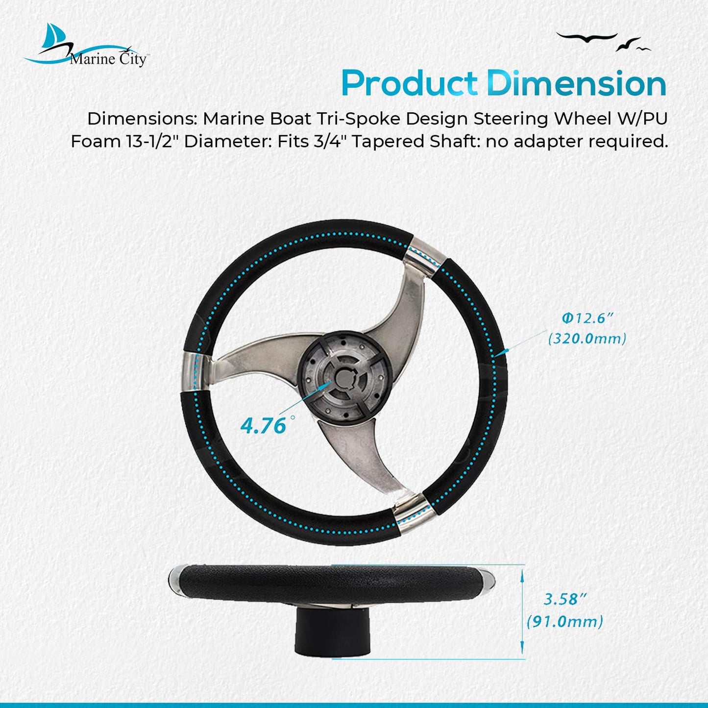 Marine City Tri-Spoke Steering Wheel, Stainless Steel, 13-1/2" with PU Foam Grip