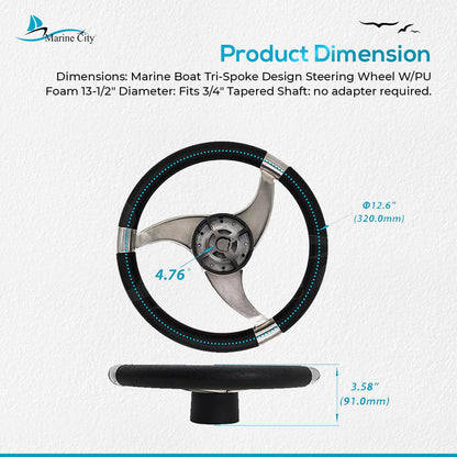 Marine City Tri-Spoke Steering Wheel, Stainless Steel, 13-1/2" with PU Foam Grip