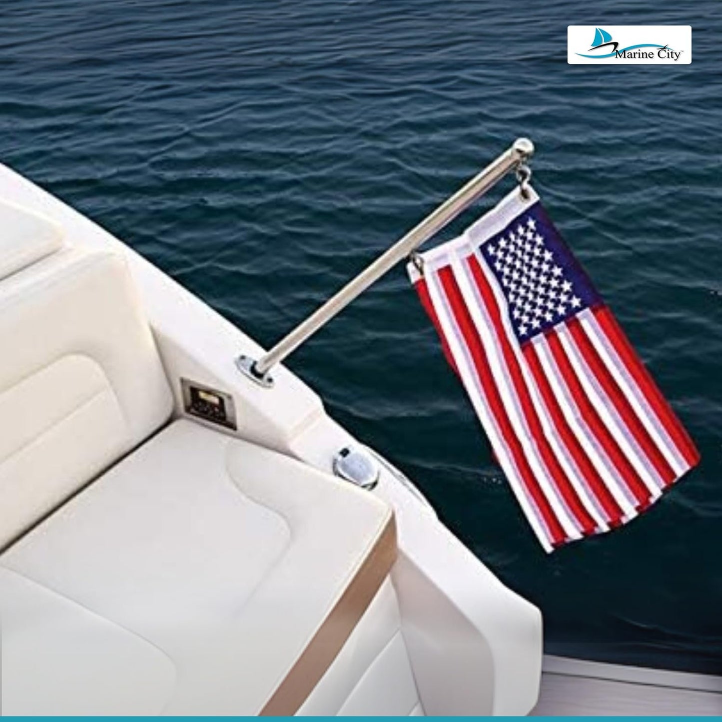 MARINE CITY 304 Grade Stainless Steel Spring Mounting Socket and 32 Inches Flag Stanchion Pole with US Flag Bright Polished Rail Mounted for Marines – Boats – Yachts – Ships – RVs (Pack of 1)