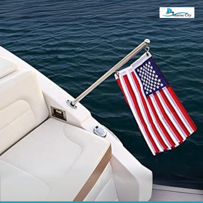 MARINE CITY 304 Grade Stainless Steel Spring Mounting Socket and 32 Inches Flag Stanchion Pole with US Flag Bright Polished Rail Mounted for Marines – Boats – Yachts – Ships – RVs (Pack of 1)