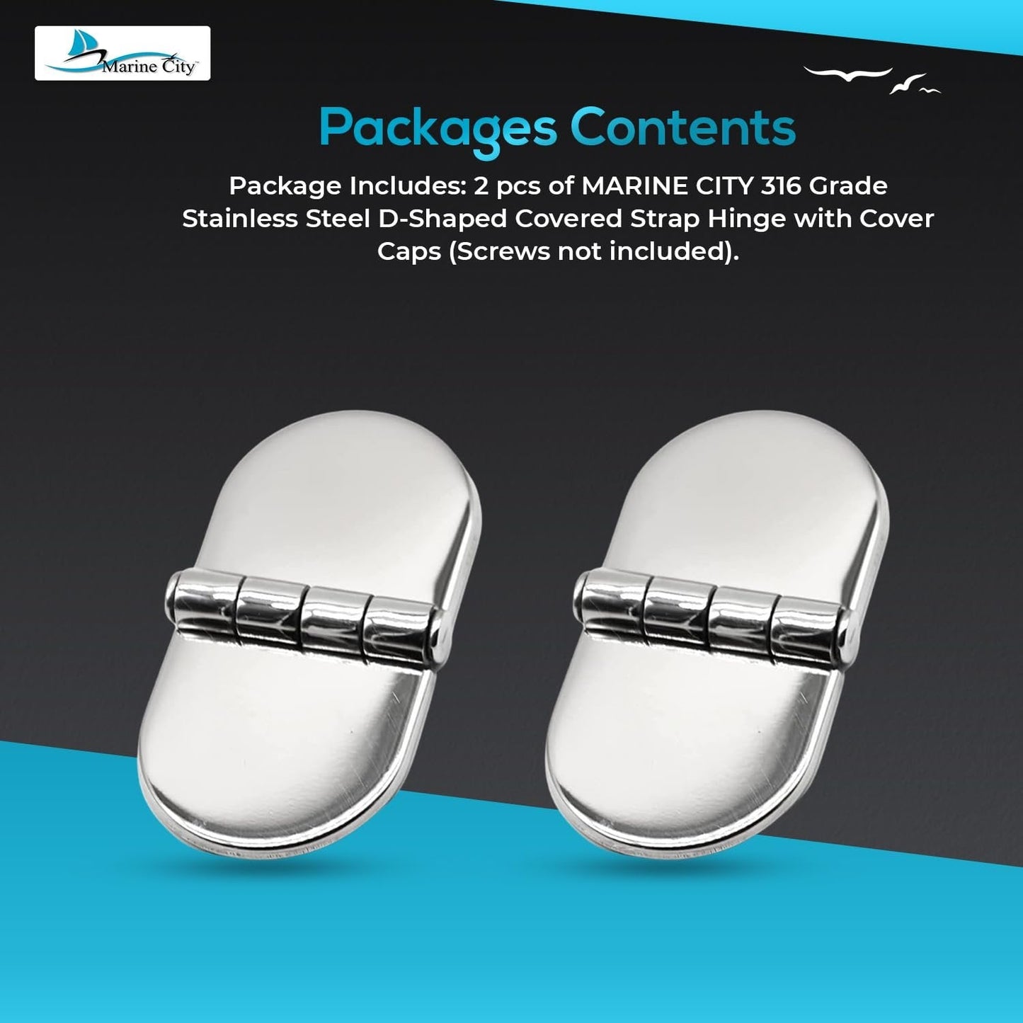 Marine City 316 Stainless Steel D-Shaped Covered Strap Hinge (Pack of 2) MARINE CITY