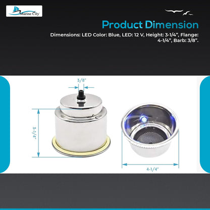 Marine City Stainless Steel 12V Blue LED Illuminated Drink Holder with Drain