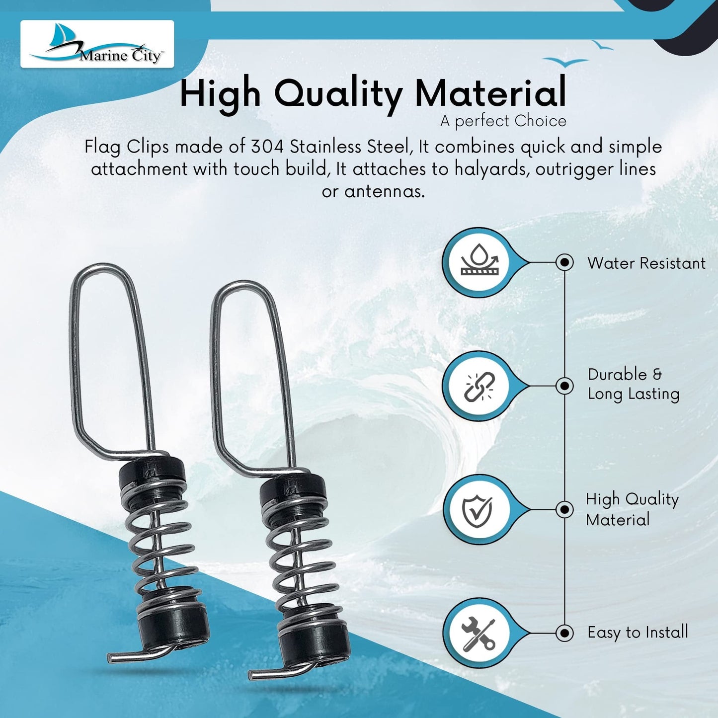 Marine City Antenna Halyard & Outrigger Flag Clips 304 Stainless Steel (2 Pcs) Marine City