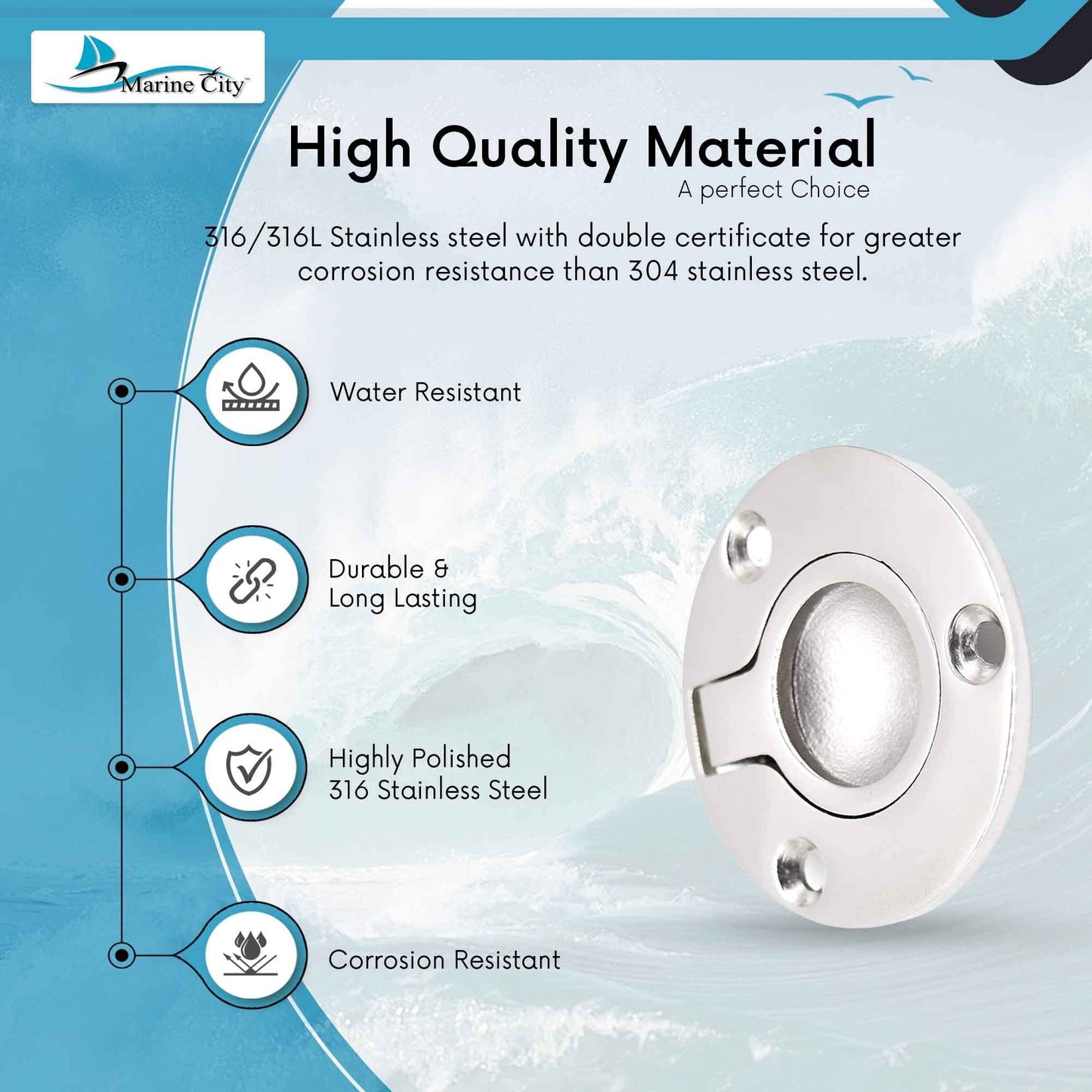 MARINE CITY 316 Stainless Steel Round Flush Boat Hatch Lift Ring – 3-Point Fix