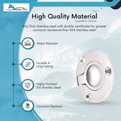 MARINE CITY 316 Stainless Steel Round Flush Boat Hatch Lift Ring – 3-Point Fix