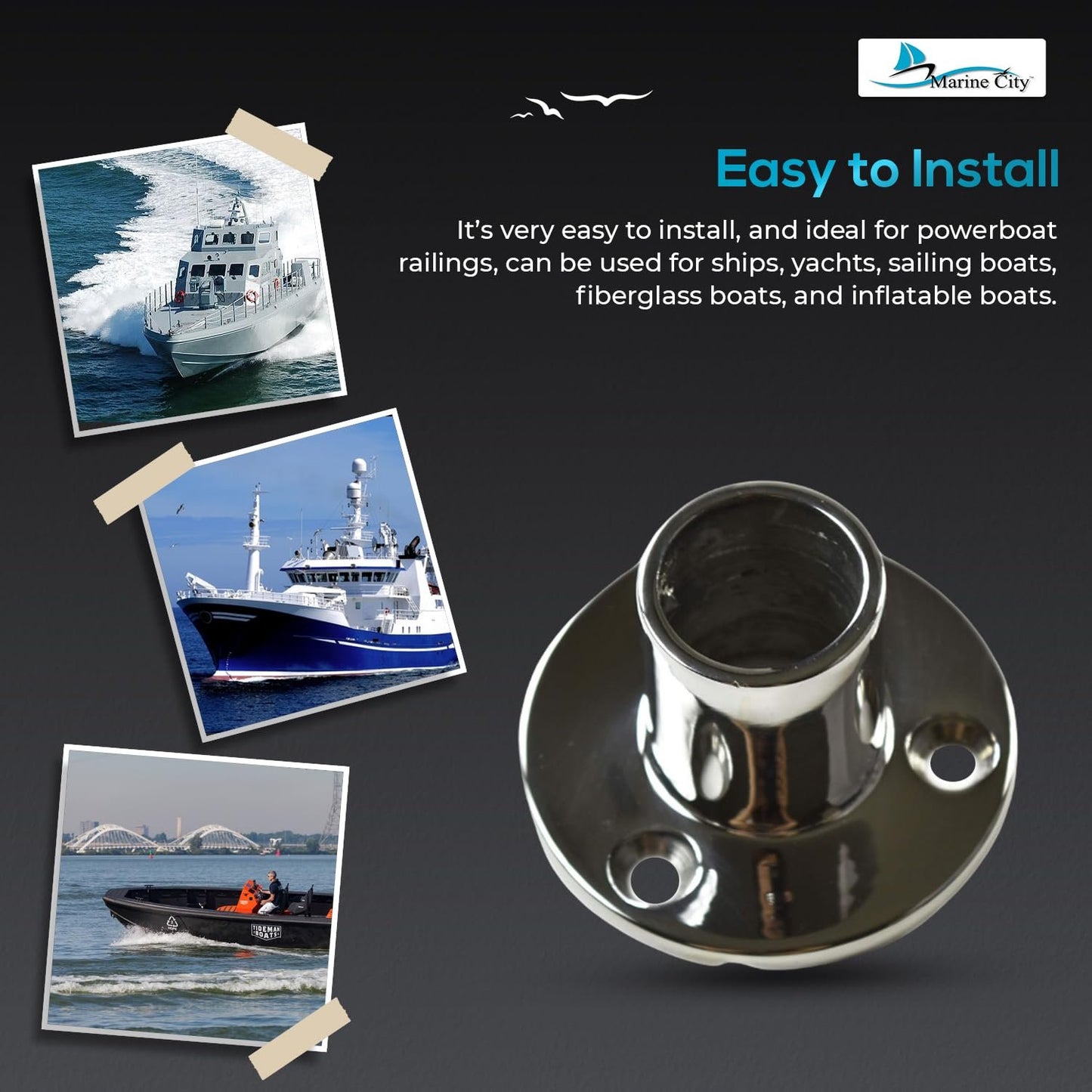 Marine City 316 Stainless Steel Boat Hand Railing Fittings – 1” Round Base