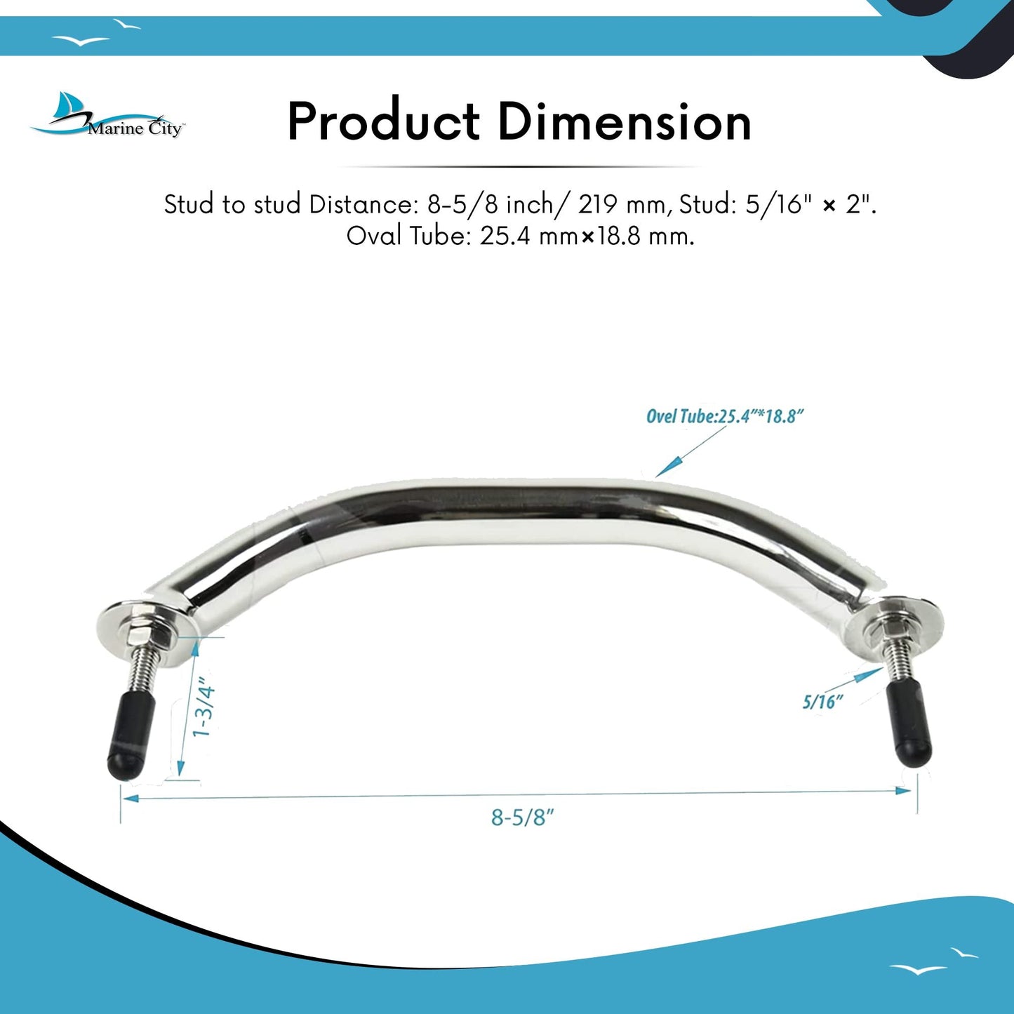 Marine City Oval Tube Grab Bar Mount Handrail – 8-5/8 Inch, Stainless Steel