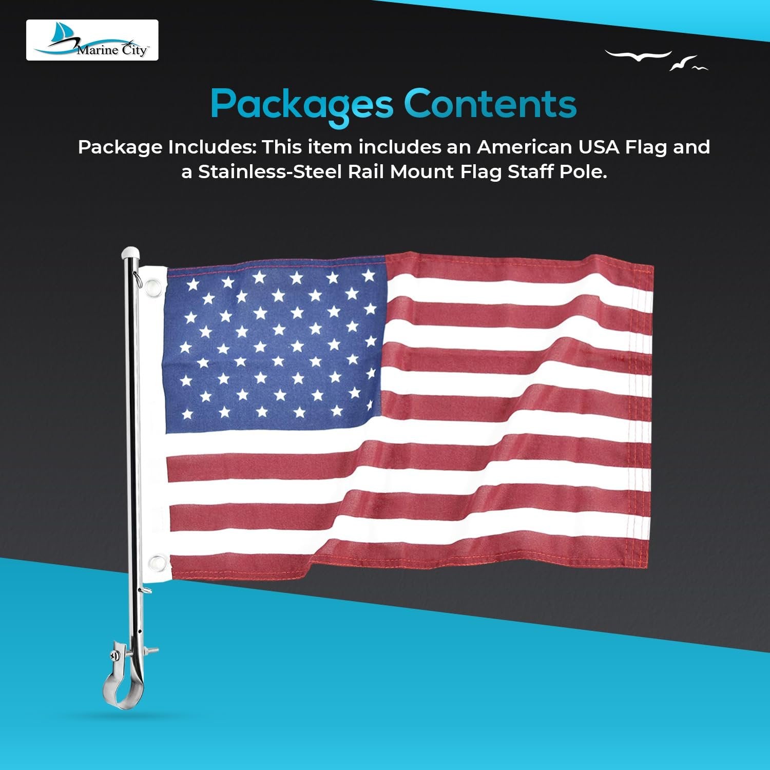 Marine City Flagpole with 12"x18" USA Flag – Stainless Steel, Strong & Sturdy Marine City Hardware