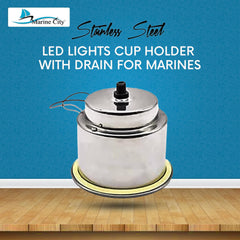 MARINE CITY Stainless Steel 3 Red LED Drink Cup Holder with Drain for Boat, RV, Poker Table, Counter Top, Dashboard